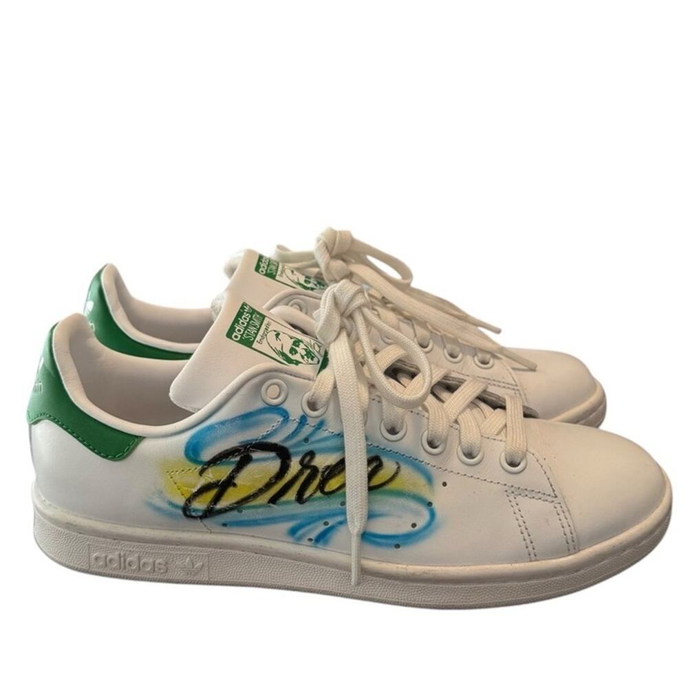 Adidas Stan Smith Women'S White Green Leather Sneakers Size 7.5 Custom Painted